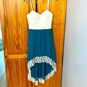 LILY ROSE VINTAGE LACE HIGH-LOW DRESS WOMEN SIZE L OFF-WHITE GREEN ADJUST STRAP